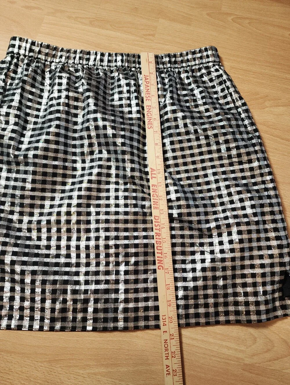 J. Crew Pull-on Shiny Gingham Plaid Skirt Black Silver Pockets Size Large